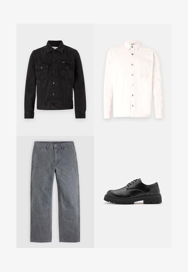 Sort denimjakke med knaplukning foran, to brystlommer med klap, krave og Wrangler-logo på venstre brystlomme.; Denim Project DPMDPSTITCH DETAIL DENIM SHIRT - Skjorter - jet stream; Grå bukser med lige ben, forstærkede knælapper, forlommer og bæltestropper, vist fladt på en ensfarvet baggrund.; Sorte lædersko med rund tå, snørelukning og en tykk, struktureret gummisål. Har syninger langs kanten og en glat overflade.
