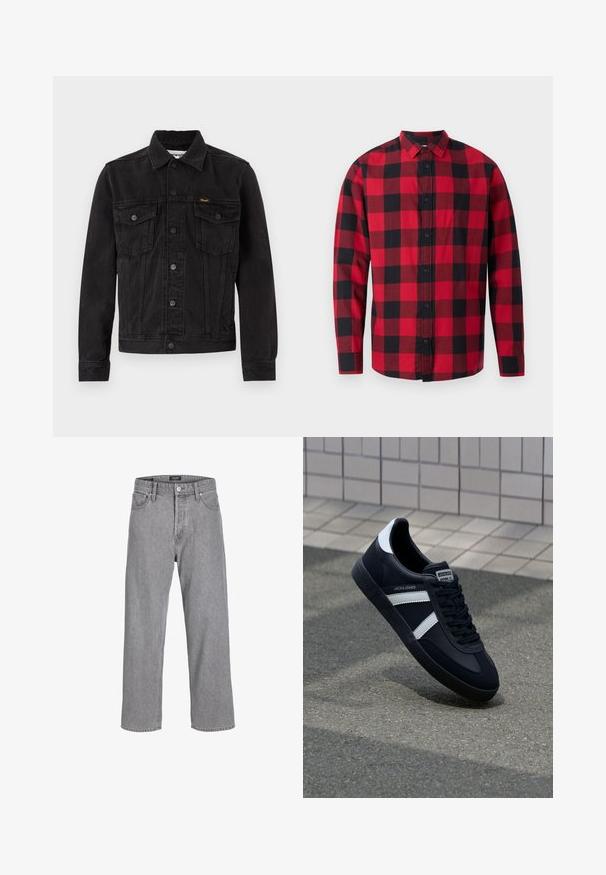 Sort denimjakke med knaplukning foran, to brystlommer med klap, krave og Wrangler-logo på venstre brystlomme.; Rødmønstret flannel-skjorte i sort og rød med knaplukning foran, lange ærmer og krave. Har et klassisk ternet mønster.; Grå denimbukser med en afslappet, løs pasform. Har et traditionelt fem-lomme design og en knaplukning i taljen.; Sort lædersneaker med hvide striber, tekstureret gummisål og snørrebånd foran. Har et brandet mærke på tungen.