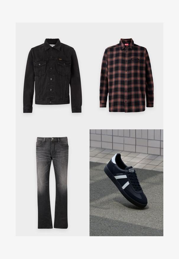 Schwarze Denimjacke mit Knopfleiste vorne, zwei Brustklappentaschen, Kragen und Wrangler-Logo auf der linken Brusttasche.; Schwarz-rote Karobluse mit durchgehender Knopfleiste, langen Ärmeln und einem Etikett am Kragen. Mit Kontrastnähten und einer aufgesetzten Tasche.; Schwarze Jeans aus Denim mit einem leicht verblassten Muster. Eng anliegendes Design, gerade Beinform, Fünf-Taschen-Stil und Knopfverschluss an der Taille.; Schwarze Leder-Sneaker mit weißen Streifen, strukturiertem Gummisohle und Schnürung. Verfügt über ein Markenetikett auf der Zunge.