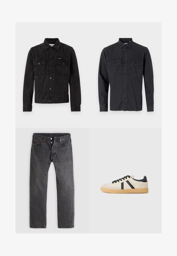 Veste en denim noire avec fermeture à boutons, deux poches poitrine à rabat, col et logo Wrangler sur la poche poitrine gauche.; Chemise à manches longues, de couleur gris foncé, à boutons, en mélange de coton, avec deux poches poitrine et col classique.; Jean en denim noir délavé avec une coupe jambe droite, braguette à boutons et rivets en cuivre. Comprend cinq poches et des motifs d'usure subtils.; Baskets décontractées en crème avec des rayures noires, présentant un dessus texturé et une semelle en caoutchouc. Les lacets sont noirs. Logo discret sur le côté.