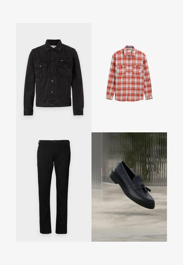 Schwarze Denimjacke mit Knopfleiste vorne, zwei Brustklappentaschen, Kragen und Wrangler-Logo auf der linken Brusttasche.; Rot-weißer karierter Hemd mit langen Ärmeln, Button-down-Kragen, zwei Brusttaschen und braunen Knöpfen aus einem weichen Stoff.; Schwarze Denim-Jeans mit schlanker Passform, ausgestattet mit Fronttaschen, Gürtelschlaufen und einem Knopfverschluss. Glatte Textur in einfarbigem Design.; Schwarze Leder-Loafer mit glatter Textur, gerundeter Zehenpartie und dekorativen Quasten vorne. Flexible Gummisohle mit niedrigem Absatz.