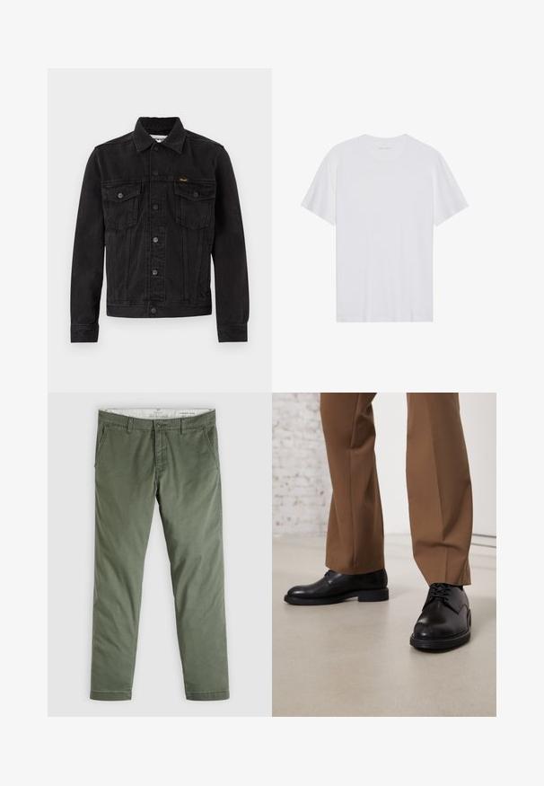 Sort denimjakke med knaplukning foran, to brystlommer med klap, krave og Wrangler-logo på venstre brystlomme.; Hvid bomulds T-shirt med korte ærmer, rund hals og en glat tekstur. Har minimal branding på halsudskæringen.; Olivengrønne herre-chinos med slim fit, bæltestropper, knaplukning og sidelommer med slids, lagt fladt på en lys baggrund.; Sorte læder sko med glat overflade og rund tå, der har snørebåndslukning og en lav, flad sål. Sammen med brune bukser.