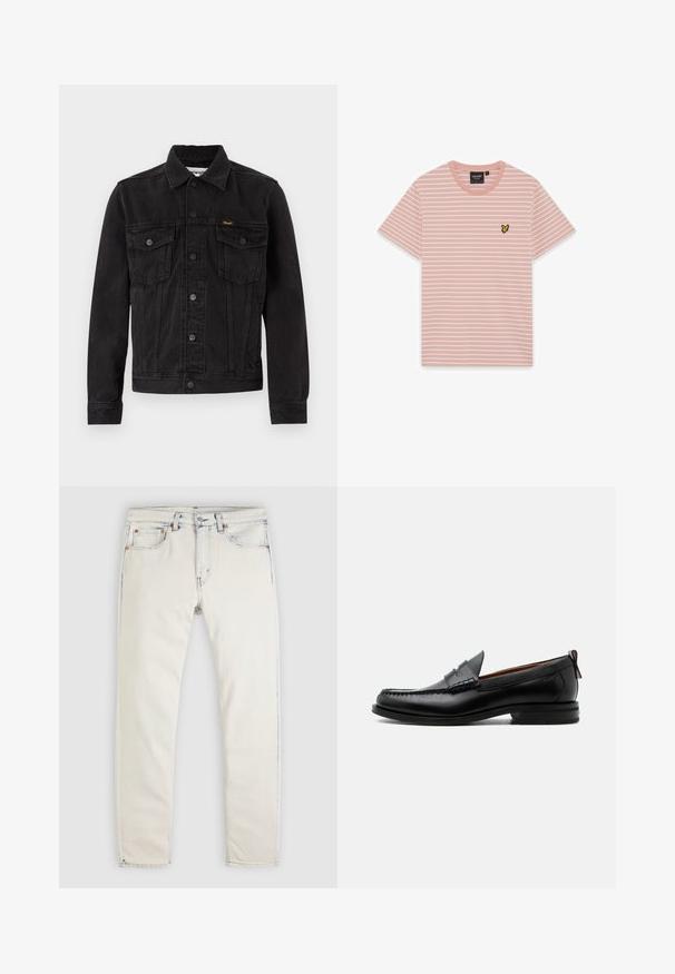 Veste en denim noire avec fermeture à boutons, deux poches poitrine à rabat, col et logo Wrangler sur la poche poitrine gauche.; T-shirt à manches courtes rayé rose et blanc avec col rond et petit logo d'oiseau jaune et noir sur le côté gauche de la poitrine.; Jean en denim de couleur claire avec une coupe droite. Caractéristiques : cinq poches, boutons en métal et légère décoloration le long des coutures.; Mocassin homme en cuir noir avec couture moc toe, bride penny, col texturé et petit talon empilé sur fond blanc.