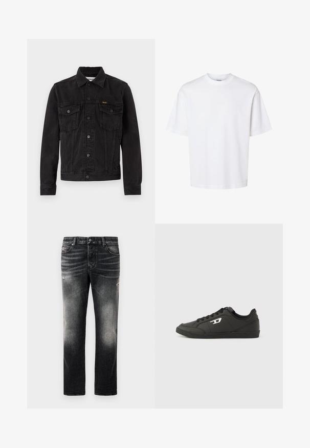 Schwarze Denimjacke mit Knopfleiste vorne, zwei Brustklappentaschen, Kragen und Wrangler-Logo auf der linken Brusttasche.; Schlichtes weißes T-Shirt mit kurzen Ärmeln und Rundhalsausschnitt in lockerer Passform, dargestellt auf einem einfarbigen Hintergrund.; Schwarze Jeans mit einem verblassten Finish und verwaschenen Akzenten, klassisches Fünf-Taschen-Design und Reißverschluss. Hergestellt aus Denim-Stoff.; Schwarze Sneakers aus synthetischem Material mit einer strukturierten schwarzen Sohle, rundem Zehenbereich und flachen schwarzen Schnürsenkeln. Auffälliges weißes Logo auf der Außenseite.