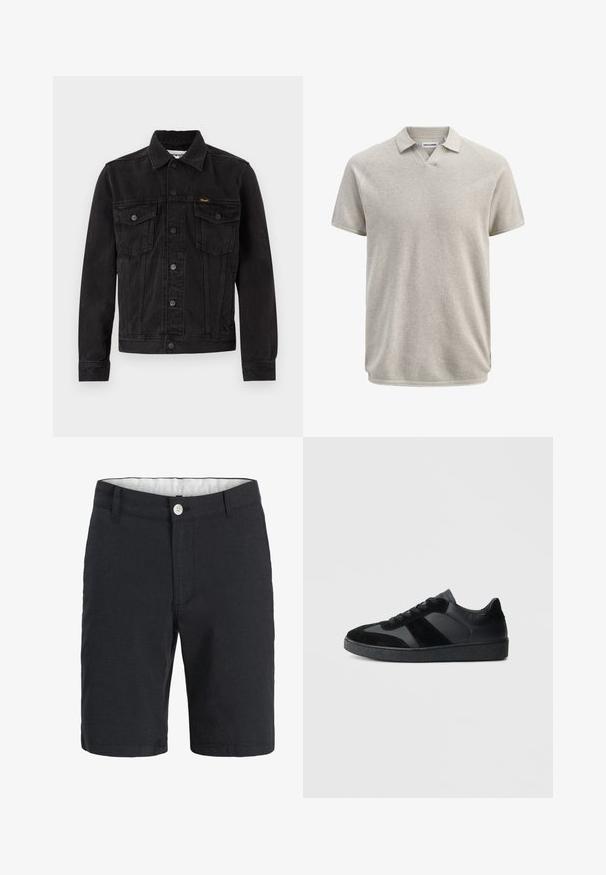 Chaqueta vaquera negra con botones delanteros, dos bolsillos de solapa en el pecho, cuello y logotipo de Wrangler en el bolsillo izquierdo del pecho.; Polo de manga corta en beige texturizado, con cuello y ligera apertura en V, de la marca Jack & Jones.; Pantalones cortos casuales para hombre en azul marino oscuro con cierre de botones, trabillas para cinturón y bolsillos laterales, mostrados de frente sobre un fondo blanco.; Zapatillas negras que combinan cuero liso y ante, con una suela de goma negra texturizada y un sutil detalle de rayas.