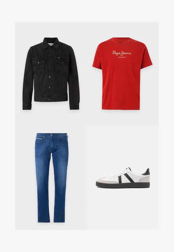 Veste en denim noire avec fermeture à boutons, deux poches poitrine à rabat, col et logo Wrangler sur la poche poitrine gauche.; T-shirt en coton rouge à manches courtes. Avec le logo "Pepe Jeans" en cursive et "LONDON" imprimé en dessous en blanc. Encolure classique.; Jean en denim bleu avec une coupe droite, style à cinq poches et un léger délavage ; comporte une fermeture à bouton en métal et des passants de ceinture.; Baskets blanches avec des accents noirs et gris, présentant un embout texturé gris, une semelle en caoutchouc noir et des lacets plats blancs. Design épuré, style minimaliste.