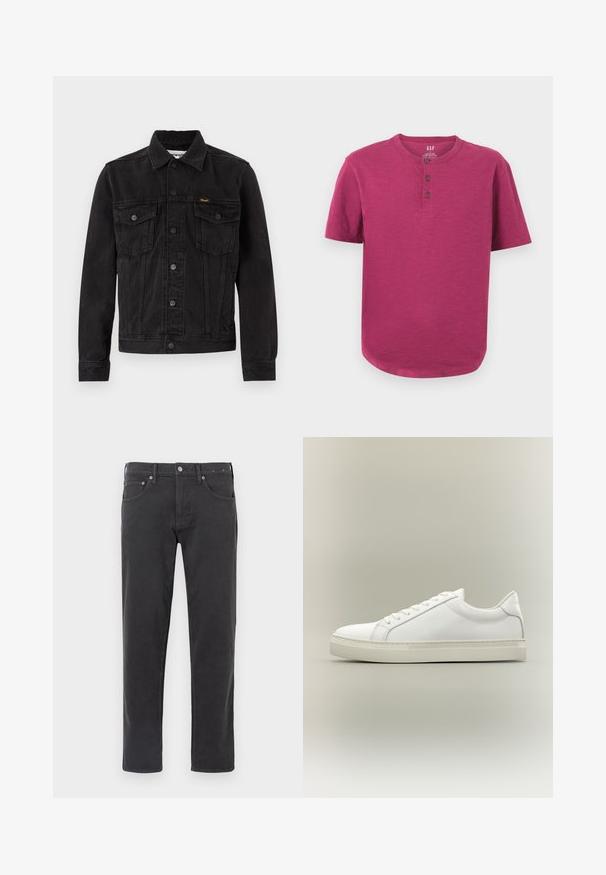 Veste en denim noire avec fermeture à boutons, deux poches poitrine à rabat, col et logo Wrangler sur la poche poitrine gauche.; T-shirt henley à manches courtes dans une couleur magenta vive. Présente un col rond, une patte de boutonnage à trois boutons et un ourlet légèrement incurvé. Texture douce.; Jean en denim noir avec une coupe droite, comprenant un bouton et une fermeture éclair, un style à cinq poches et des détails de couture subtils.; Baskets blanches basses à lacets sur l’avant et semelle épaisse, vues de côté sur un fond neutre.