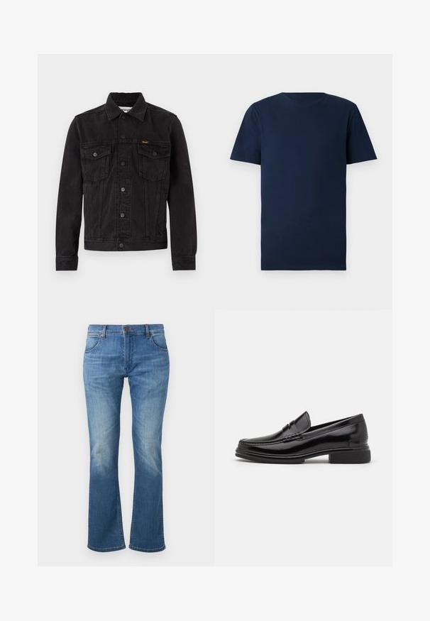 Zwarte spijkerjack met knoopsluiting aan de voorkant, twee borstzakken met klep, kraag en Wrangler-logo op de linkerborstzak.; Marineblauwe katoenen t-shirt met korte mouwen, ronde halslijn en een normale pasvorm. Gladde textuur, geen patronen of zichtbare bevestigingen.; Blauwe denim jeans met een licht uitlopende pijp, knoop- en ritssluiting aan de voorkant, en vervaagde plekken op dijen en knieën.; Zwarte leren instappers met een afgeronde neus, voorzien van een gestikte detail over de wreef, en een lage blokhak. Glad textuur en glanzende afwerking.