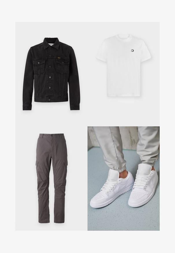 Chaqueta vaquera negra con botones delanteros, dos bolsillos de solapa en el pecho, cuello y logotipo de Wrangler en el bolsillo izquierdo del pecho.; Camiseta blanca de manga corta con cuello redondo y pequeño logo negro "D" en el pecho izquierdo sobre un fondo liso gris claro.; Pantalones cargo grises con corte recto, que cuentan con múltiples bolsillos laterales y costuras reforzadas a lo largo de las piernas. Fabricados con tejido duradero.; Las zapatillas deportivas de cuero blanco cuentan con una caja de dedos perforada, cordones planos, un cuello acolchado y el logo de Jordan en la lengüeta. Las llevan puestas con pantalones joggers grises.