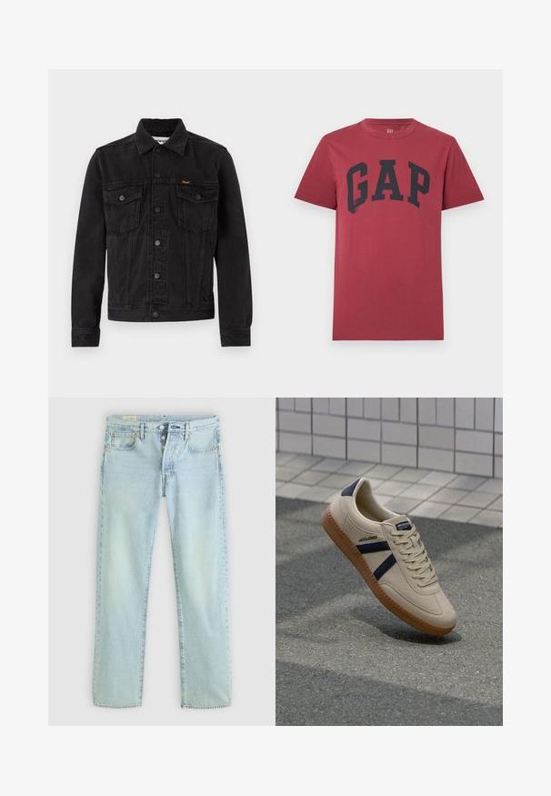 Schwarze Denimjacke mit Knopfleiste vorne, zwei Brustklappentaschen, Kragen und Wrangler-Logo auf der linken Brusttasche.; Rotes T-Shirt mit kurzen Ärmeln und Rundhalsausschnitt, mit großem schwarzem "GAP"-Schriftzug in der Mitte der Brust.; Helle blaue Denim-Jeans mit geradem Schnitt, fünf Taschen, Knopfverschluss und dezentem Verblassen. Mit Steppdetails und Kupfennieten.; Beige Sneaker mit strukturierter Oberfläche, dunkelblauen Streifen und Gummisohle. Verfügt über eine gepolsterte Zunge und ein traditionelles Schnürsystem für einen sicheren Sitz.