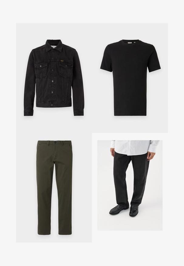 Sort denimjakke med knaplukning foran, to brystlommer med klap, krave og Wrangler-logo på venstre brystlomme.; Sort t-shirt med korte ærmer og rund hals i ribstrikket tekstur, vist på en neutral lys grå baggrund.; Olivengrønne, lige ben bukser lavet af en blanding af bomuldsstof. Har en lynlås foran, bæltesløjfer og to sidelommer. Glat tekstur.; Sorte denimbukser parret med skinnende sorte loafers. Skjorten er hvid med tynde lodrette striber, har lange ærmer og en knapkrave.