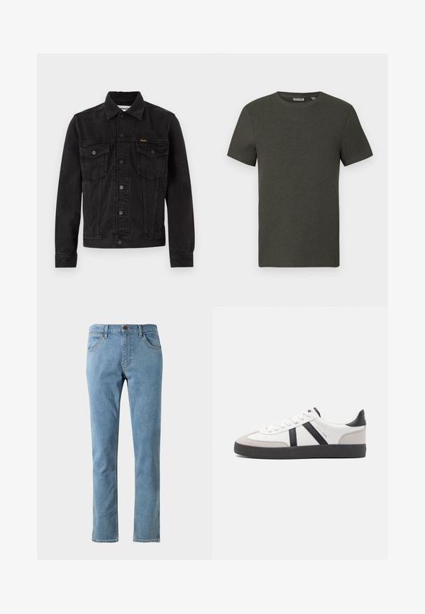 Veste en denim noire avec fermeture à boutons, deux poches poitrine à rabat, col et logo Wrangler sur la poche poitrine gauche.; T-shirt à manches courtes vert foncé avec un col rond, fabriqué en tissu côtelé ; présente un design simple et minimaliste sans motifs.; Jean droit bleu clair en denim avec poches avant, fermeture à bouton et détails de couture subtils le long des coutures.; Baskets blanches avec des accents noirs et gris, présentant un embout texturé gris, une semelle en caoutchouc noir et des lacets plats blancs. Design épuré, style minimaliste.