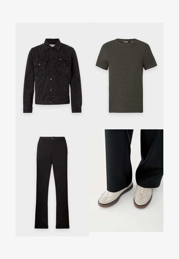 Schwarze Denimjacke mit Knopfleiste vorne, zwei Brustklappentaschen, Kragen und Wrangler-Logo auf der linken Brusttasche.; Dunkelgrünes T-Shirt mit kurzen Ärmeln und rundem Ausschnitt, aus geripptem Material; zeichnet sich durch ein einfaches, minimalistisches Design ohne Muster aus.; Schwarze Baumwollhose mit geraden Beinen, einem Knopf- und Reißverschluss sowie seitlichen Taschen. Glatte Textur, keine sichtbaren Muster oder Akzente.; Füße mit beigen Sneakers mit braunen Sohlen und schwarzen Hosen mit weitem Bein auf weißem Hintergrund.