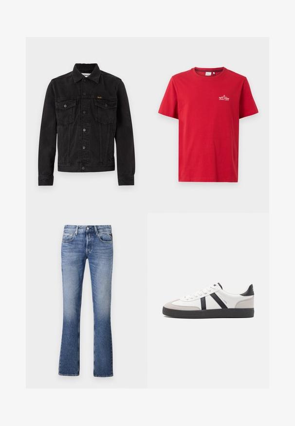Veste en denim noire avec fermeture à boutons, deux poches poitrine à rabat, col et logo Wrangler sur la poche poitrine gauche.; Pepe Jeans THIAGO TEE - T-shirt imprimé - rugby red; Jean en denim bleu clair avec un design évasé, comportant cinq poches, une fermeture à bouton à l'avant et un léger délavage sur l'ensemble.; Baskets blanches avec des accents noirs et gris, présentant un embout texturé gris, une semelle en caoutchouc noir et des lacets plats blancs. Design épuré, style minimaliste.