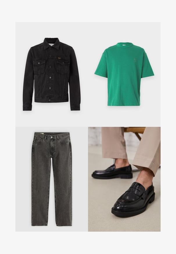 Veste en denim noire avec fermeture à boutons, deux poches poitrine à rabat, col et logo Wrangler sur la poche poitrine gauche.; T-shirt en coton vert avec un col rond, des manches courtes et une lettre "S" brodée sur la poitrine gauche. Texture douce, coupe décontractée.; Jean droit noir délavé avec cinq poches, fermeture à bouton et passants de ceinture, posé à plat sur un fond blanc.; Mocassins en cuir noir avec une finition lisse, ornés d'une sangle décorative et de coutures contrastées, associés à un pantalon beige.
