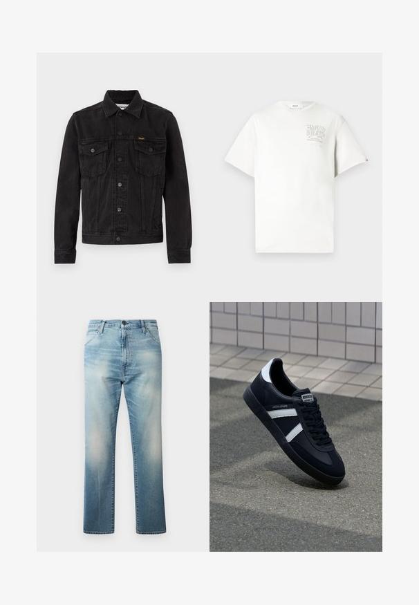 Chaqueta vaquera negra con botones delanteros, dos bolsillos de solapa en el pecho, cuello y logotipo de Wrangler en el bolsillo izquierdo del pecho.; Camiseta de algodón blanca con mangas cortas, que presenta un logo impreso en gris en el lado izquierdo del pecho. Cuello redondo, corte relajado y toques mínimos.; Replay WAINE PANTS - Vaqueros boyfriend - light blue; Zapatilla de cuero negra con rayas blancas, suela de goma texturizada y parte frontal con cordones. Cuenta con una etiqueta de marca en la lengüeta.