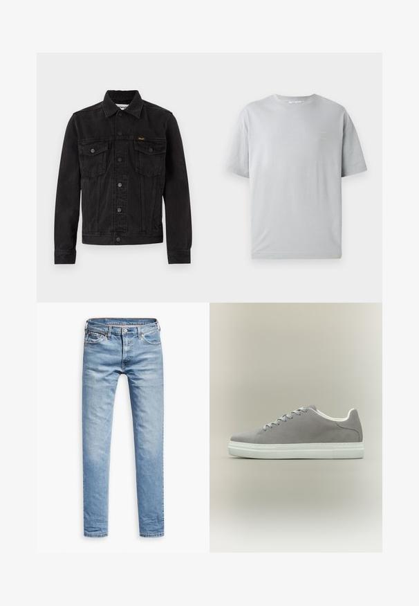 Schwarze Denimjacke mit Knopfleiste vorne, zwei Brustklappentaschen, Kragen und Wrangler-Logo auf der linken Brusttasche.; Graues Baumwoll-T-Shirt mit entspannter Passform, kurzen Ärmeln und einem kleinen gelben Textdetail auf der Vorderseite. Weiche Textur und klassischer Rundhalsausschnitt.; Helle blaue Jeans, gerade geschnitten, mit fünf Taschen, Reißverschluss und Knopfverschluss. Glatte Textur mit dezenten Ausbleichungen.; Grauer Sneaker aus Wildleder mit weißer Gummisohle und Schnürsenkeln, mit niedrigem Schnitt und glatter Oberfläche. Minimalistischer Stil ohne sichtbare Logos.