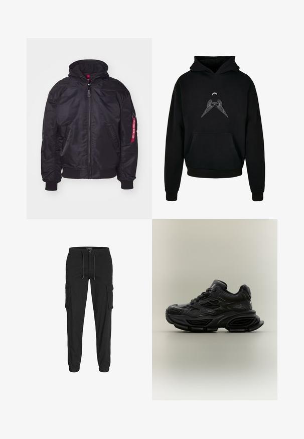 Sort bomberjakke med aftageligt hætte, lynlås lukning, ribbede manchetter og sidelommer. Har et rødt label på ærmet som detalje.; Sort hætte sweatshirt med en frontlomme i kangaroo stil og et grafisk design af stiliserede vinger trykt i hvid på brystet.; Sort cargo bukser lavet af bomuld, med elastisk talje og snøre, flere sidelommer og elastiske manchetter ved anklerne.; Sort chunky sneaker med tekstureret design, tyk sål og snørelukning vist mod en almindelig neutral baggrund.