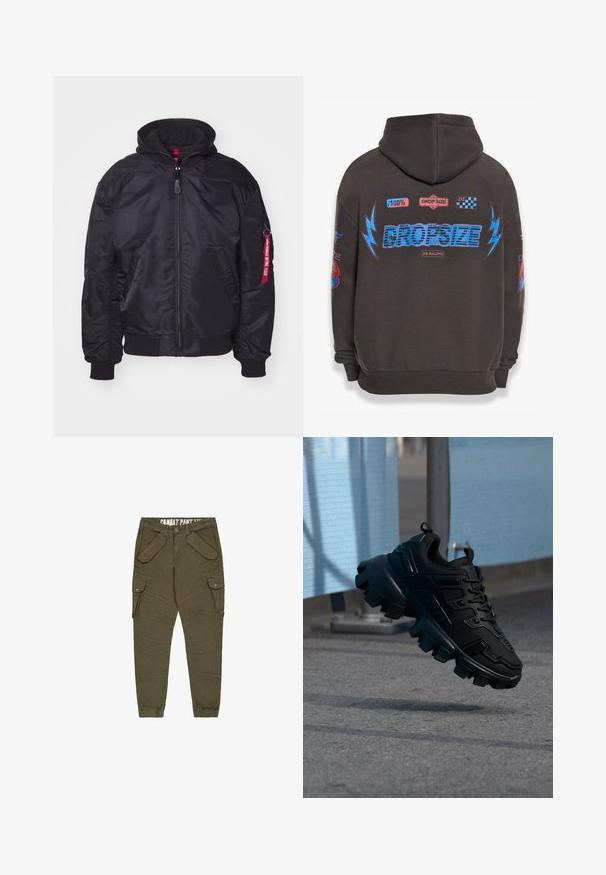 Chaqueta bomber negra con capucha desmontable, cierre de cremallera, puños acanalados y bolsillos laterales. Presenta una etiqueta roja en la manga como detalle.; Sudadera gris oscuro con un gran texto azul "DROPSIZE" y gráficos coloridos. Cuenta con una capucha, puños acanalados y varios parches impresos.; Pantalones cargo verde oliva con piernas ajustadas, que cuentan con múltiples bolsillos con solapa, cierre con botón y puños elásticos; material de algodón texturizado.; Zapatilla negra y gruesa con suela de taco grueso flotando sobre un pavimento gris, con un fondo desenfocado azul claro y gris.