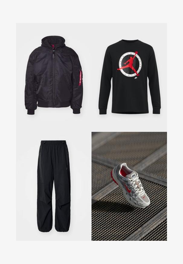 Sort bomberjakke med aftageligt hætte, lynlås lukning, ribbede manchetter og sidelommer. Har et rødt label på ærmet som detalje.; Sort langærmet skjorte med et stort rødt og hvidt Air Jordan-logo, med en silhuet af en spiller, der dunker i midten.; Sorte letvægts cargo bukser med elastisk talje, sidelommer med lynlås og rummelige lommer. Har en løs pasform og tapered cuffs.; Nike løbesko med en grå mesh-overdel, røde accenter og en tekstureret hvid sål. Snørebåndene er hvide med sølvhardware til stramning.