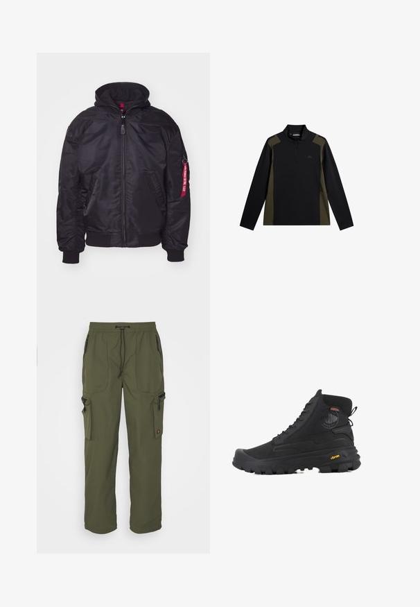 Sort bomberjakke med aftageligt hætte, lynlås lukning, ribbede manchetter og sidelommer. Har et rødt label på ærmet som detalje.; Langærmet sort og olivengrøn pullover med en kort lynlås foran og et lille logo på brystet.; Oliven grøn cargo bukser lavet af let materiale, med elastisk talje, snorelukning og flere lynlåslommer.; Sorte høj-top støvler med en tekstureret overflade, der har et vandtæt design, snøresystem og en markant gummisål med Vibram-branding.