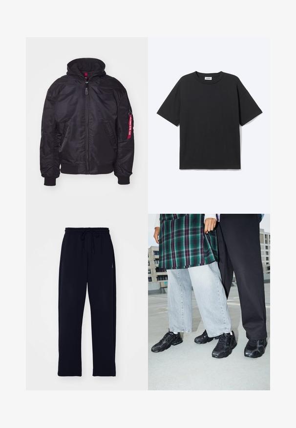Sort bomberjakke med aftageligt hætte, lynlås lukning, ribbede manchetter og sidelommer. Har et rødt label på ærmet som detalje.; Sort T-shirt med korte ærmer og rund hals med afslappet pasform, forfra, ensfarvet design og synligt Weekday-mærke inde i kraven.; Sorte sweatpants lavet af blødt materiale. Har en elastisk talje med snoretræk og sidelommer. Lige ben design.; Sorte atletik sko med mesh- og gummidetaljer. Båret med lysegrå vide jeans og en ternet grøn bluse. Flad overflade i baggrunden.