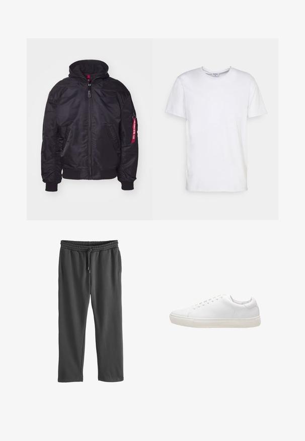Sort bomberjakke med aftageligt hætte, lynlås lukning, ribbede manchetter og sidelommer. Har et rødt label på ærmet som detalje.; Hvid kortærmet t-shirt lavet af bomuld. Har en rund halsudskæring og en afslappet pasform uden synlige mønstre eller detaljer.; Grå sweatpants med elastisk talje og justerbar snøre. Fremstillet af blødt stof, med sidelommer og en afslappet pasform.; Hvide lædersneakers med en glat overflade, rund tå, snørebåndslukning og flad gummisål. Minimalistisk design uden synlige mønstre.