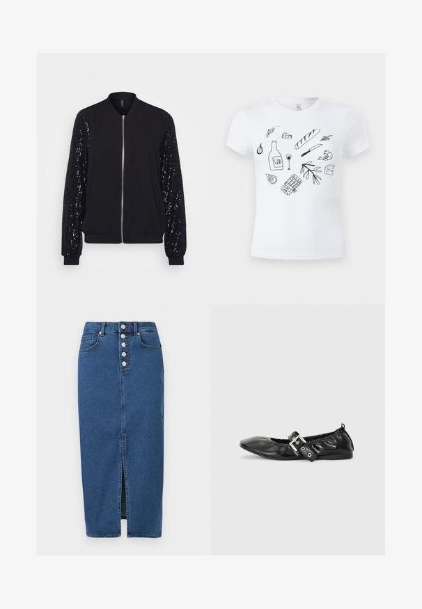 Sort bomberjakke med lynlås foran, med en solid stofkrop og palietærmede. Strukturret, med elastiske manchetter og kant.; Hvid T-shirt med sorte stregtegninger af madvarer, herunder brød, ost, vinflaske og glas, rejer, hvidløg, oliven og en kniv.; Blå denim midi-nederdel med frontslids, knaplukning og fem-lomme design.; Sorte læder flade sko med spids tå, samling detaljer omkring åbningen, og en sølv spænde accent på den justerbare rem.