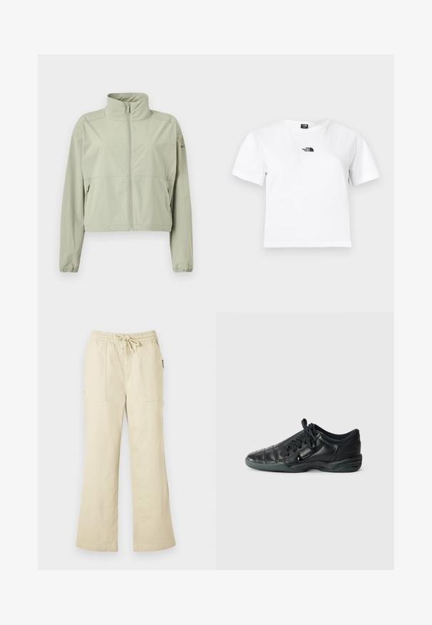 Veste légère vert clair avec col montant, fermeture éclair frontale, manches longues avec poignets élastiques et poches latérales zippées.; T-shirt en coton blanc à manches courtes, col rond, avec un logo noir The North Face sur la poitrine. Design simple et épuré.; Pantalon beige à jambes larges avec taille élastique et cordon de serrage, doté de deux poches plaquées avant et de jambes à coupe droite.; Chaussure de sport en cuir noir avec un design matelassé, bout arrondi, lacets à l'avant et semelle en caoutchouc. Présente une marque discrète sur le côté.