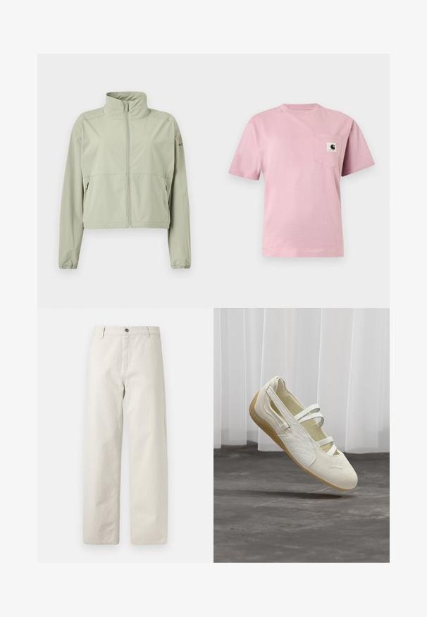 Veste légère vert clair avec col montant, fermeture éclair frontale, manches longues avec poignets élastiques et poches latérales zippées.; T-shirt rose clair à manches courtes avec une poche poitrine gauche présentant un petit patch logo Carhartt.; Pantalon beige à jambes larges avec fines rayures verticales discrètes, passants de ceinture, fermeture par bouton et poches avant.; Chaussure de style Mary Jane couleur crème avec trois brides, côtés texturés et semelle flexible marron clair, flottant au-dessus d'un sol gris.