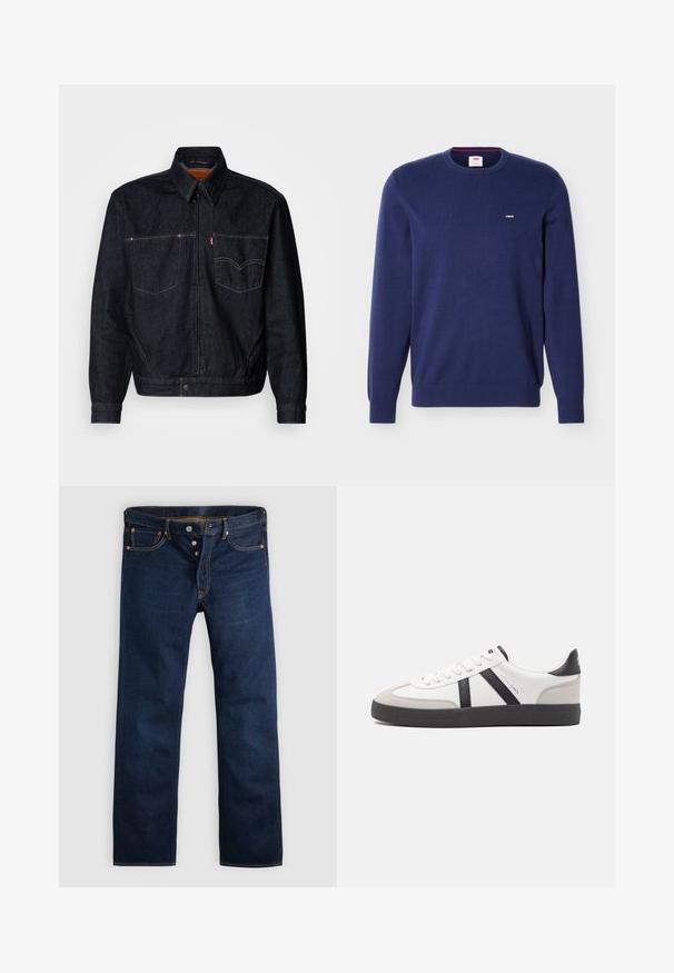 Mørk denimjakke med frontlynlås, to brystlommer og krave. Har kontrasterende syninger og et mærkeskilt på venstre lomme.; Navyblå Levi's crewneck-trøje med lange ærmer og lille hvidt Levi's-logo på venstre bryst.; Mørkeblå denimjeans med lige ben, fem lommer og gyldne syninger. Har knaplukning og kobbernitter. Glat tekstur.; Hvide sneakers med sorte og grå detaljer, med en tekstureret grå tåhætte, sort gummisål og flade hvide snørebånd. Rent design, minimalistisk stil.