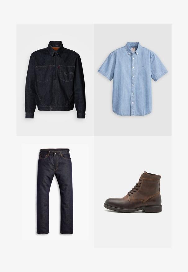 Mørk denimjakke med frontlynlås, to brystlommer og krave. Har kontrasterende syninger og et mærkeskilt på venstre lomme.; Lyseblå denim kortærmet skjorte med knappestolpe og knapper foran, samt en lille logo på venstre bryst. Glat tekstur.; Mørkeblå lige ben denim jeans med fem lommer og orange kontrastsyning, lagt fladt ud mod hvid baggrund.; Jack & Jones JFWDELANEY BOOT - Snørestøvletter - cognac