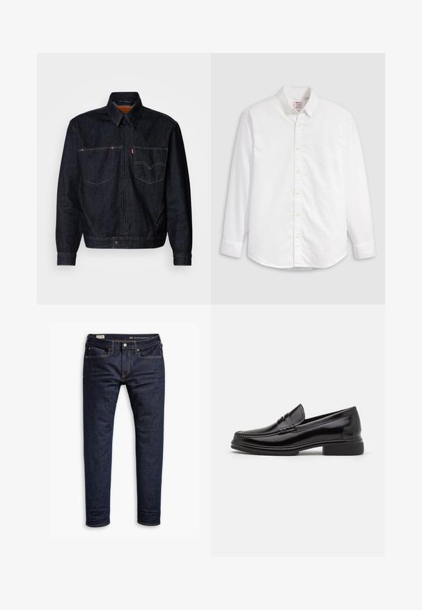 Donkerdenimjack met een ritssluiting aan de voorkant, twee borstzakken en een kraag. Heeft contrasterende stiksels en een merklabel op de linkerzak.; Wit overhemd van katoen met lange mouwen, een kraag en een gebogen zoom. Voorzien van gele knopen en subtiele merkdetails.; Donkerblauwe denim jeans met een slim fit, uitgerust met oranje stiksels, een vijf-pocket ontwerp en metalen hardware. Glad materiaal, zonder patronen.; Zwarte leren instappers met een afgeronde neus, voorzien van een gestikte detail over de wreef, en een lage blokhak. Glad textuur en glanzende afwerking.