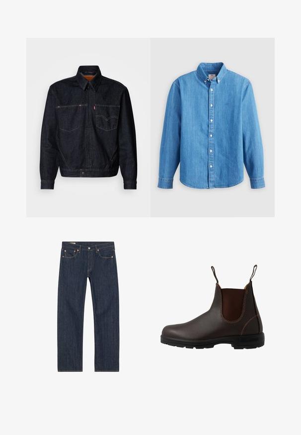 Mørk denimjakke med frontlynlås, to brystlommer og krave. Har kontrasterende syninger og et mærkeskilt på venstre lomme.; Lyseblå denimskjorte med lange ærmer, knap-ned krave og hvide knapper. Har et lille broderet logo på brystet.; Mørkeblå denim jeans med lige skæring, der har kobbernitter, gule syninger og forlommer. Glat tekstur med minimale design detaljer.; Brun læder Chelsea-støvle med elastisk sidepanel, brun syning, trækstropper og en holdbar gummisål med et tekstureret mønster.