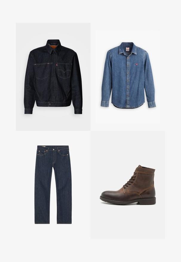 Veste en denim foncé avec une fermeture éclair devant, deux poches poitrine et un col. Présente des coutures contrastées et une étiquette de marque sur la poche gauche.; Chemise en denim bleu foncé avec un col boutonné, des manches longues, des accents cousus et un petit logo rouge sur la poche de la poitrine.; Jeans en denim bleu foncé avec une coupe droite, dotés de rivets en cuivre, de coutures jaunes et de poches avant. Texture lisse avec des détails de design minimaux.; Jack & Jones JFWDELANEY BOOT - Bottines à lacets - cognac