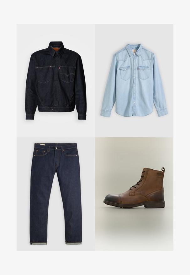 Donkerdenimjack met een ritssluiting aan de voorkant, twee borstzakken en een kraag. Heeft contrasterende stiksels en een merklabel op de linkerzak.; Lichtblauw denim overhemd met lange mouwen, knoopsluiting aan de voorkant, twee borstzakken met knoopklep en een puntige kraag op een effen achtergrond.; Donkerblauwe spijkerbroek met rechte pijpen, omgeslagen boorden, vijfzakkenontwerp, koperen klinknagels en knoopsluiting op een effen achtergrond.; Bruine leren enkellaars met veters, zwarte neuskap, ronde zool en merkdetail aan de zijkant tegen een effen achtergrond.