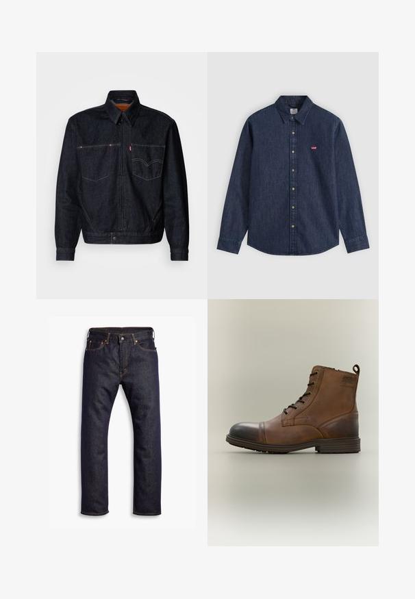 Donkerdenimjack met een ritssluiting aan de voorkant, twee borstzakken en een kraag. Heeft contrasterende stiksels en een merklabel op de linkerzak.; Donkerblauw denim overhemd met lange mouwen, knoopsluiting, puntkraag en klein rood Levi's-logo op de linkerborst.; Donkerblauwe recht gesneden denim jeans met vijf zakken en oranje contrasterende stiknaden, plat gelegd op een witte achtergrond.; Bruine leren enkellaars met veters, zwarte neuskap, ronde zool en merkdetail aan de zijkant tegen een effen achtergrond.