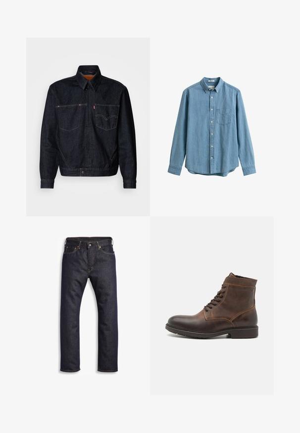 Donkerdenimjack met een ritssluiting aan de voorkant, twee borstzakken en een kraag. Heeft contrasterende stiksels en een merklabel op de linkerzak.; Lichtblauw denim overhemd met lange mouwen, een borstzak, een geknoopte kraag en witte knopen.; Donkerblauwe denim jeans met rechte snit, vijf zakken, metalen hardware en contrasterende oranje stiksels. Glad oppervlak, geen zichtbare patronen.; Jack & Jones JFWDELANEY BOOT - Veterboots - cognac