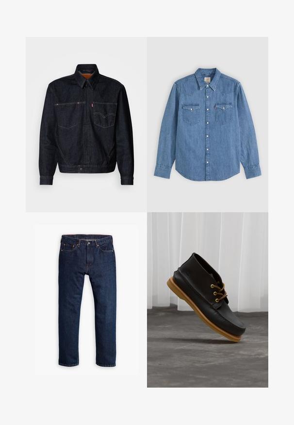 Donkerdenimjack met een ritssluiting aan de voorkant, twee borstzakken en een kraag. Heeft contrasterende stiksels en een merklabel op de linkerzak.; Blauw denim overhemd met lange mouwen, met puntige kraag, knoopsluiting vooraan en twee borstzakken met knoopkleppen op een effen achtergrond.; Persoon die donkerblauwe rechte jeans draagt, witte sneakers en een olijfgroene trui, met handen in de zakken, staand tegen een grijze achtergrond.; Zwarte leren schoenen met een gladde afwerking, ronde neus, bruine veters en lichtbruine rubberen zolen. Logo gegraveerd aan de zijkant.