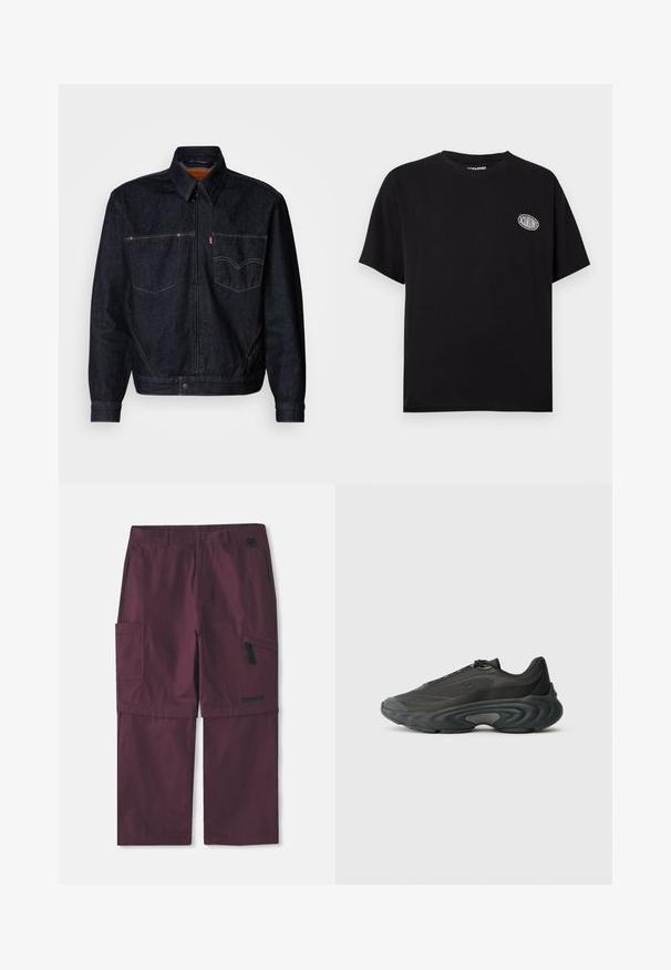 Donkerdenimjack met een ritssluiting aan de voorkant, twee borstzakken en een kraag. Heeft contrasterende stiksels en een merklabel op de linkerzak.; Zwarte T-shirt met korte mouwen en ronde hals, met klein wit ovaal logo waarop "JACK&JONES" staat, op de linkerborst.; Bordeaux cargo convertible broek met zijritszak en Timberland-logo op het rechterbeen, verlengde binnenbeenlengte weergegeven.; Zwarte sportieve schoen met een bovenwerk van mesh en synthetisch materiaal, slank ontwerp, dikke gebogen zool en textuuraccenten aan de zijkanten en op de neus.