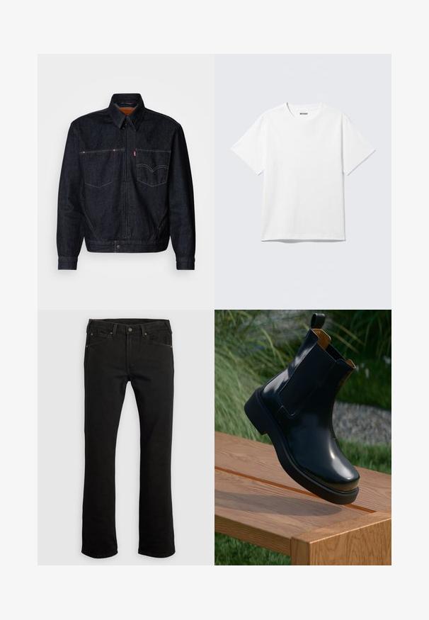 Mørk denimjakke med frontlynlås, to brystlommer og krave. Har kontrasterende syninger og et mærkeskilt på venstre lomme.; Hvid kortærmet crewneck T-shirt lagt fladt ud, ensfarvet design, med "WEEKDAY" mærkat inde i kraven på en lys baggrund.; Sort denimjeans med lige ben, fem lommer, kobberhardwaredetaljer og bæltestropper. Ensfarvet stof uden mønstre.; Sorte læder chelsea støvle med glat finish, elastiske sidepaneler, rund tå og tyk gummisål, placeret ovenfor en træoverflade.