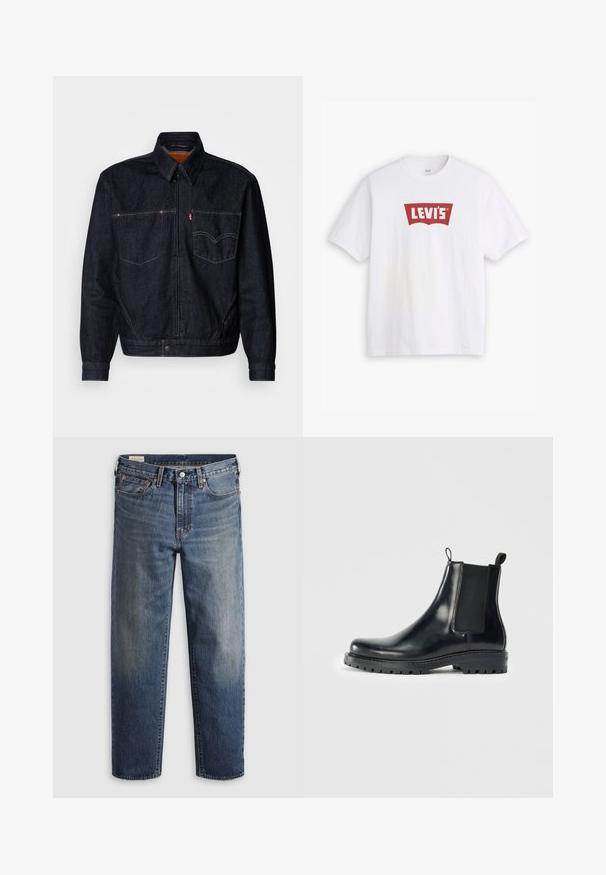 Mørk denimjakke med frontlynlås, to brystlommer og krave. Har kontrasterende syninger og et mærkeskilt på venstre lomme.; Hvid bomulds T-shirt med et rødt Levi's logo i en buet design. Korte ærmer, rund halsudskæring, glat tekstur, standard pasform.; Mørkeblå denimjeans med en afslappet pasform, lige ben, fem-lommer design og subtil falmen ved lårene. Sølvknap og nitter.; Sorte læder Chelsea støvler med elastiske sidepaneler, en løkke for nem påtagning, og en robust gummisål med struktureret greb.