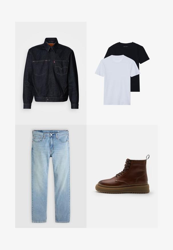 Donkerdenimjack met een ritssluiting aan de voorkant, twee borstzakken en een kraag. Heeft contrasterende stiksels en een merklabel op de linkerzak.; Twee korte mouwen crew neck t-shirts, één zwart en één wit, gemaakt van zacht katoen met een ribbelstructuur. Klassieke pasvorm.; Lichtblauwe jeans met rechte pijpen, vijf zakken, knoopsluiting en zichtbare stiksels op een effen achtergrond.; Bruine leren enkelboot met ronde neus, vetersluiting aan de voorkant, gewatteerde opstaande kraag en dikke rubberen zool met een gestreept patroon.