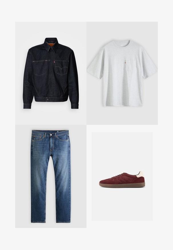 Donkerdenimjack met een ritssluiting aan de voorkant, twee borstzakken en een kraag. Heeft contrasterende stiksels en een merklabel op de linkerzak.; Lichtgrijs T-shirt met korte mouwen, een ronde hals en een klein borstzakje aan de linkerkant met een rode label.; Blauwe spijkerbroek van denim met rechte pijpen, vijfzakkenmodel, knoop- en ritssluiting en subtiele vervaging aan de voorzijde van de dijen.; Bordeauxrode suède sneaker met veterband aan de voorkant, gestructureerde zijdetails en een lichtgekleurde hielaccent. Rubberzool met een gladde afwerking.