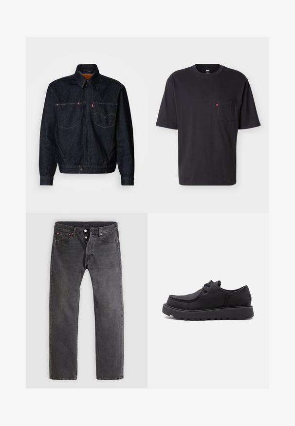 Mørk denimjakke med frontlynlås, to brystlommer og krave. Har kontrasterende syninger og et mærkeskilt på venstre lomme.; Sort T-shirt med korte ærmer, rund hals og brystlomme med lille rød Levi's logo på lommen mod ensartet lyst baggrund.; Falsk sort denim jeans med en lige ben-design, knaplukning og kobbernitter. Har fem lommer og diskrete slidmønstre.; Sort læder snøresko med tyk gummisål og syning ved tåen, vist fra siden på hvid baggrund.