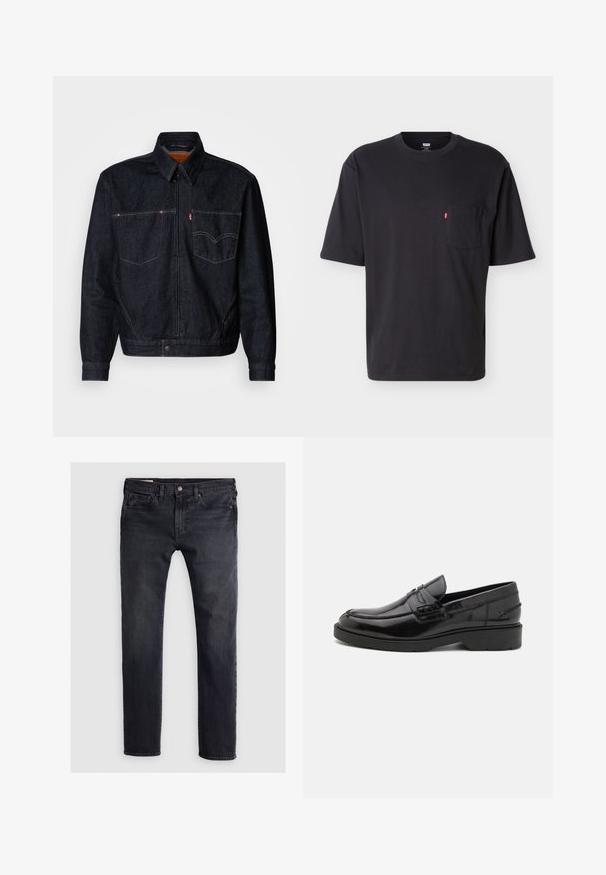 Mørk denimjakke med frontlynlås, to brystlommer og krave. Har kontrasterende syninger og et mærkeskilt på venstre lomme.; Sort T-shirt med korte ærmer, rund hals og brystlomme med lille rød Levi's logo på lommen mod ensartet lyst baggrund.; Mørkeblå denimjeans med lige ben, der har en frontlukning med knap, fem-lomme design og subtile slidte områder.; Sorte læder loafers med en glat finish, rund tå, lav hæl og dekorativ syning langs forsiden. Gummisål for godt greb.