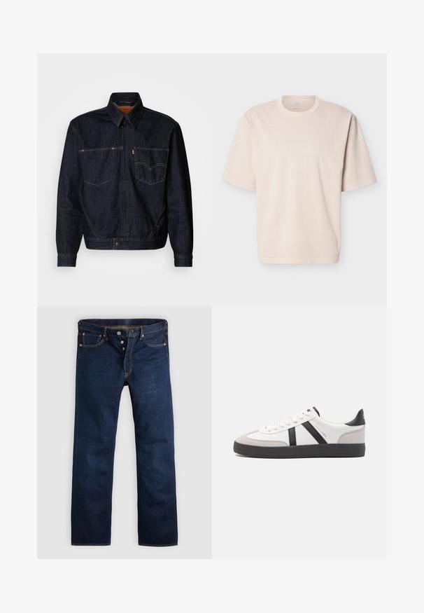 Donkerdenimjack met een ritssluiting aan de voorkant, twee borstzakken en een kraag. Heeft contrasterende stiksels en een merklabel op de linkerzak.; Beige oversized T-shirt met korte mouwen, ronde hals en eenvoudige stiknaden, plat uitgestald op een witte achtergrond.; Donkere blauwe denim jeans met een rechte pijp, vijf zakken en gouden stiksels. Voorzien van een knoopsluiting en koperen klinknagels. Gladde textuur.; Witte sneaker met zwarte en grijze accenten, voorzien van een grijze neus met textuur, zwarte rubberen zool en platte witte veters. Schoon ontwerp, minimalistische stijl.