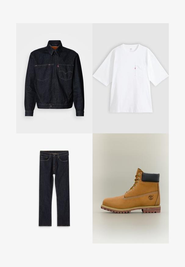 Donkerdenimjack met een ritssluiting aan de voorkant, twee borstzakken en een kraag. Heeft contrasterende stiksels en een merklabel op de linkerzak.; Wit katoenen T-shirt met korte mouwen, ronde hals en een borstzak aan de linkerkant. Heeft een klein rood logotagje op de zak.; Donkerblauwe recht gesneden denim jeans met voorkruiken, riemlussen en contrasterende oranje stiksels, plat gelegd op een witte achtergrond.; Bruine leren enkellaars met zwarte kraag, gele veters en een zandkleurige zool. Voorzien van een logo en witte stikseldetails. Robuuste loopzool met grip.
