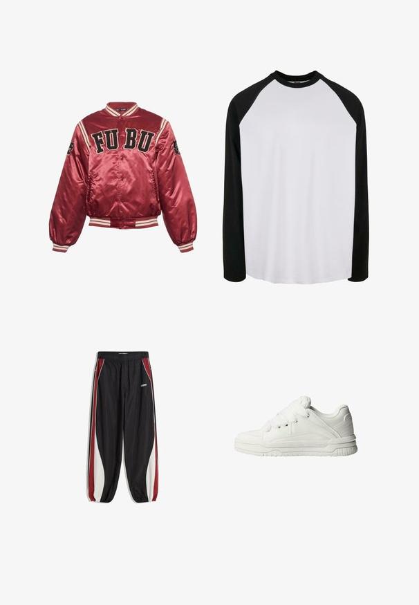 Rød satin bomberjakke med ribbede manchetter og kant. FUBU broderet logo på forsiden; sorte detaljer og stribede dekoreringer på ærmerne.; Langærmet raglan T-shirt med hvid krop og sorte ærmer, lavet af blødt bomuldsstof, med rund halsudskæring og en afslappet pasform.; Sorte træningsbukser med røde og hvide sidel paneler, elastisk talje og indsnørede manchetter. Fremstillet af let, glat stof.; Hvide sneakers med en glat læderoverflade, polstret tunge, flade snørebånd og strukturerede detaljer på siderne og hælen.