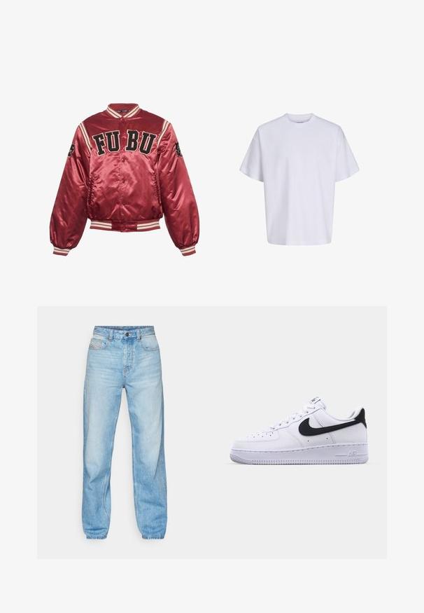 Rød satin bomberjakke med ribbede manchetter og kant. FUBU broderet logo på forsiden; sorte detaljer og stribede dekoreringer på ærmerne.; Simpel hvid oversized t-shirt med korte ærmer, rund hals og løs pasform mod en hvid baggrund.; Lyseblå jeans lavet af denim, med lige pasform, fem-lomme design og synlig knaplukning med kontraststing. ; Hvide lædersneakers med en struktureret sort Swoosh, flade snørebånd og en gummisål med et rillemønster. "AIR" er præget på hælen.
